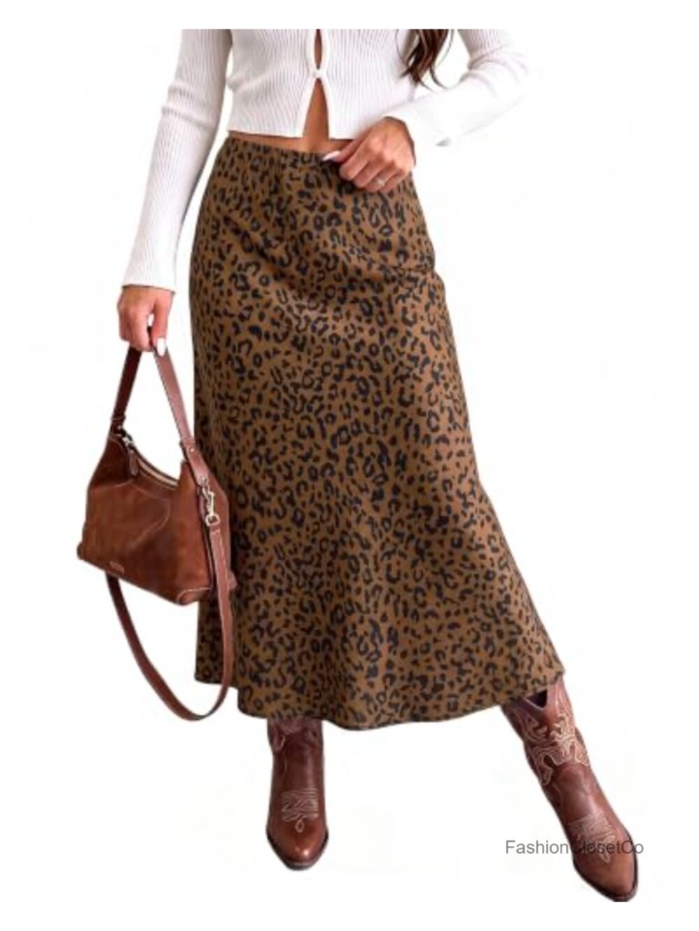 Satin Leopard Print Maxi Skirt Stretchy Elastic Waist A-Line